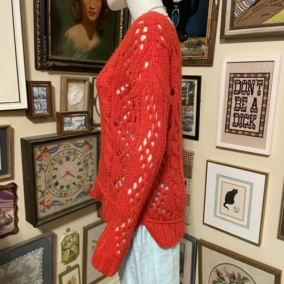 Free People Red Cable Knit Sweater With Eyelet Design For Women Size S - Picture 2 of 6